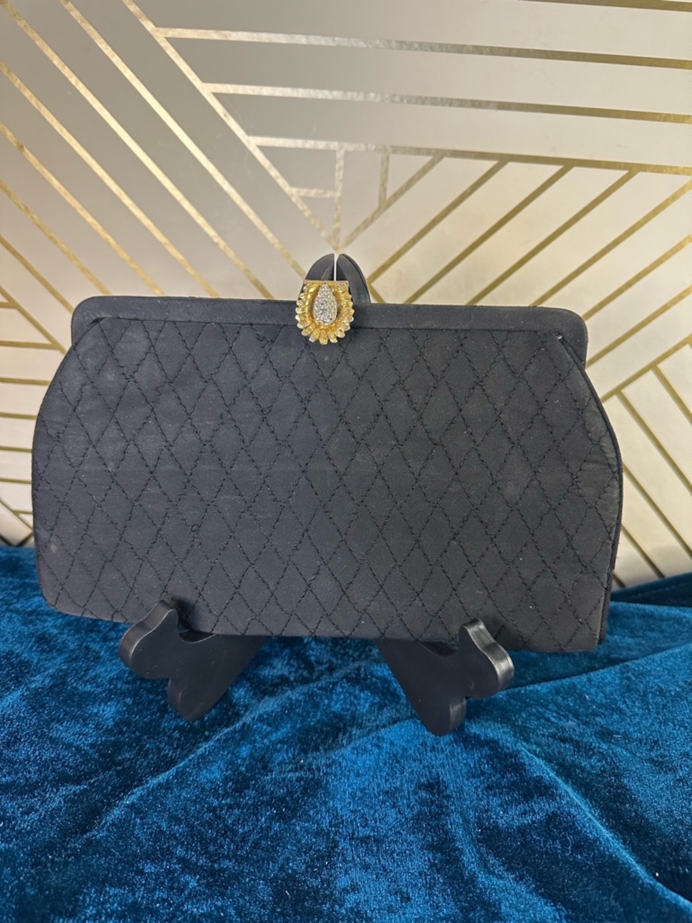 Quilted Black Evening Clutch with Gold Teardrop Accent